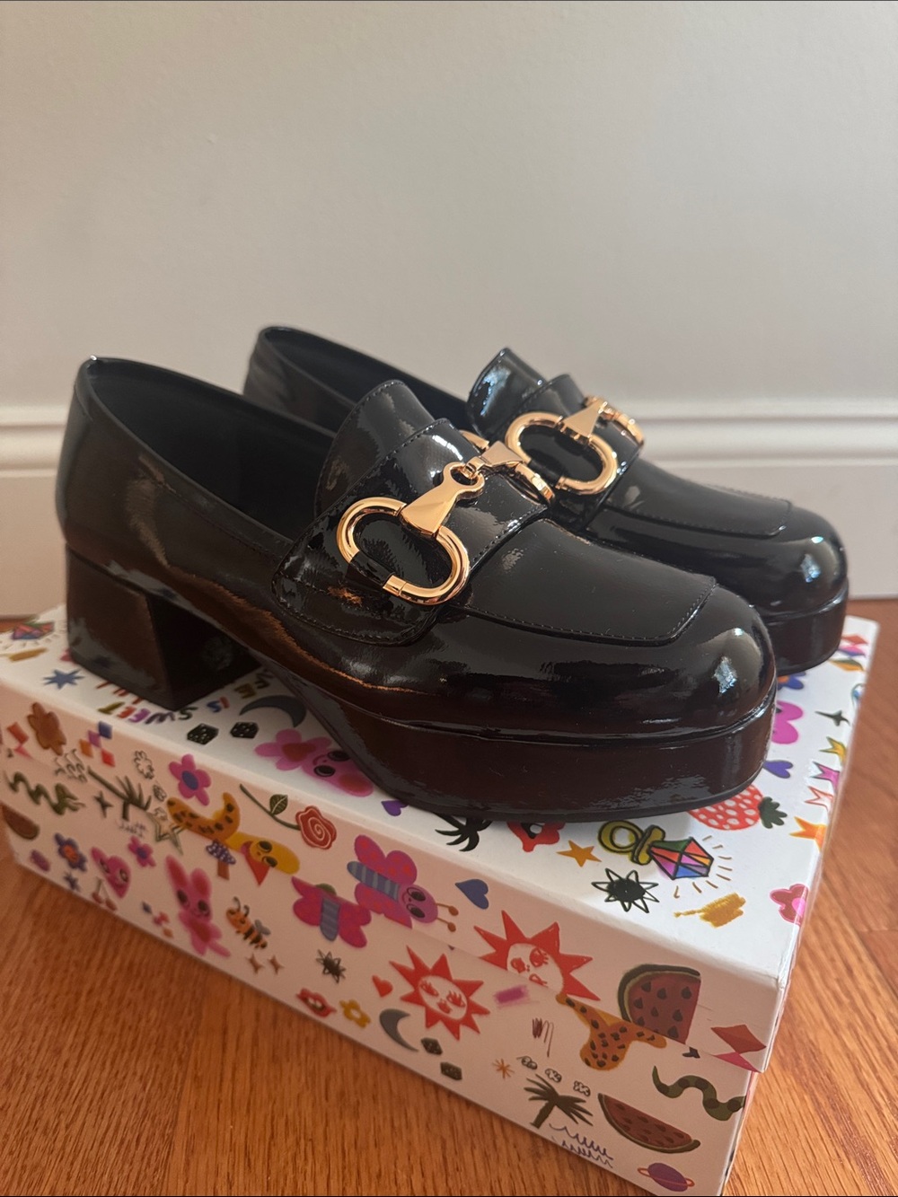 Jeffrey Campbell Black Patent Platform Loafers with Gold Buckle